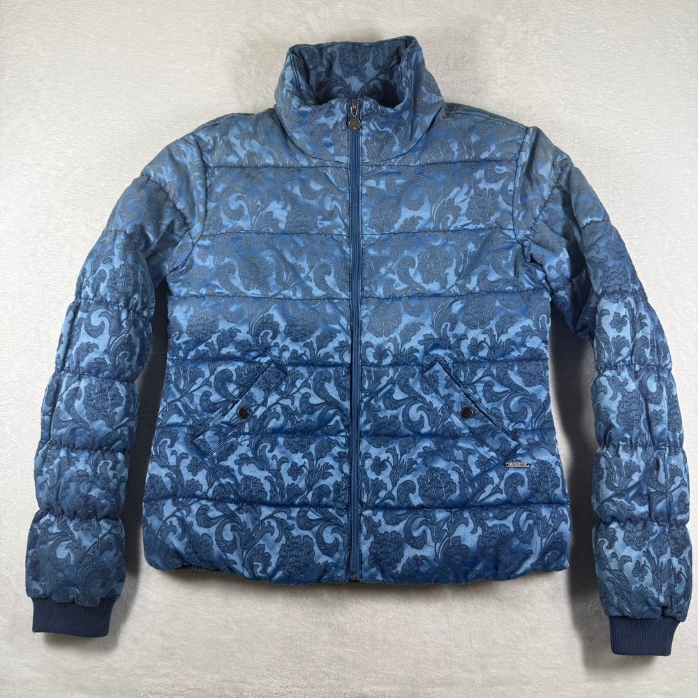 Guess Womens Blue Floral Damask Puffer Jacket Full Zip Quilted Coat Large L